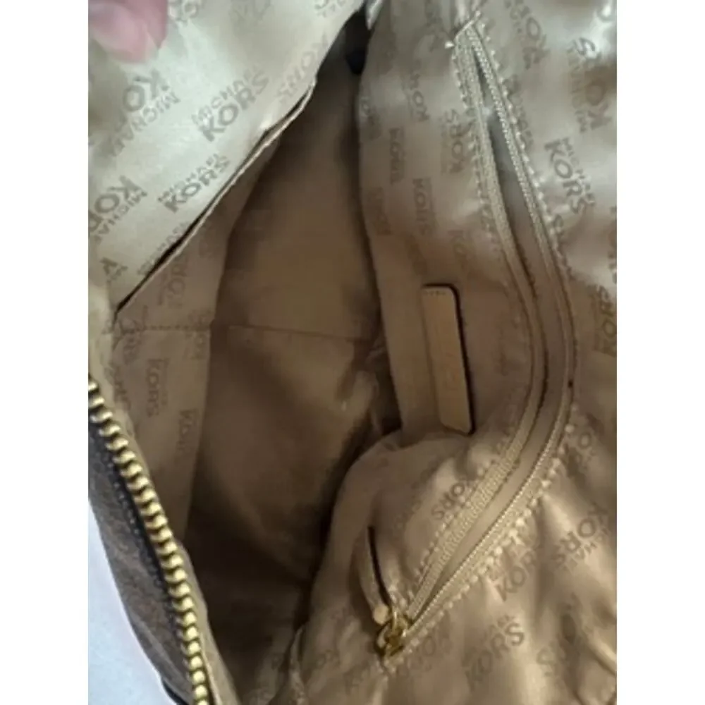 Michael Kors Signature MK Logo Shoulder Bag Brown Tan Gold Hardware